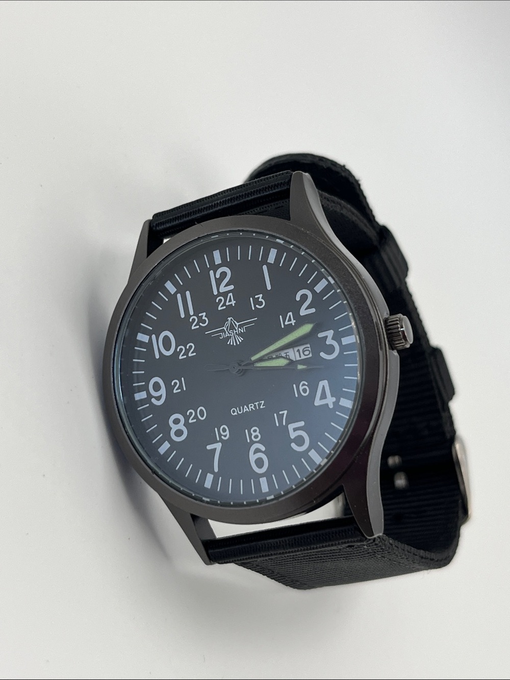 Jiashni Black Field Quartz Watch with Day-Date Display